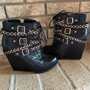 Studded Black Wedge Ankle Boots